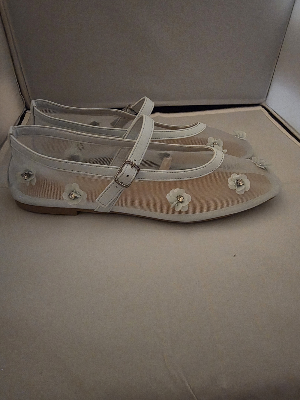 a new day Very Light Blue Mesh Mary Jane Flats with Floral Appliqués